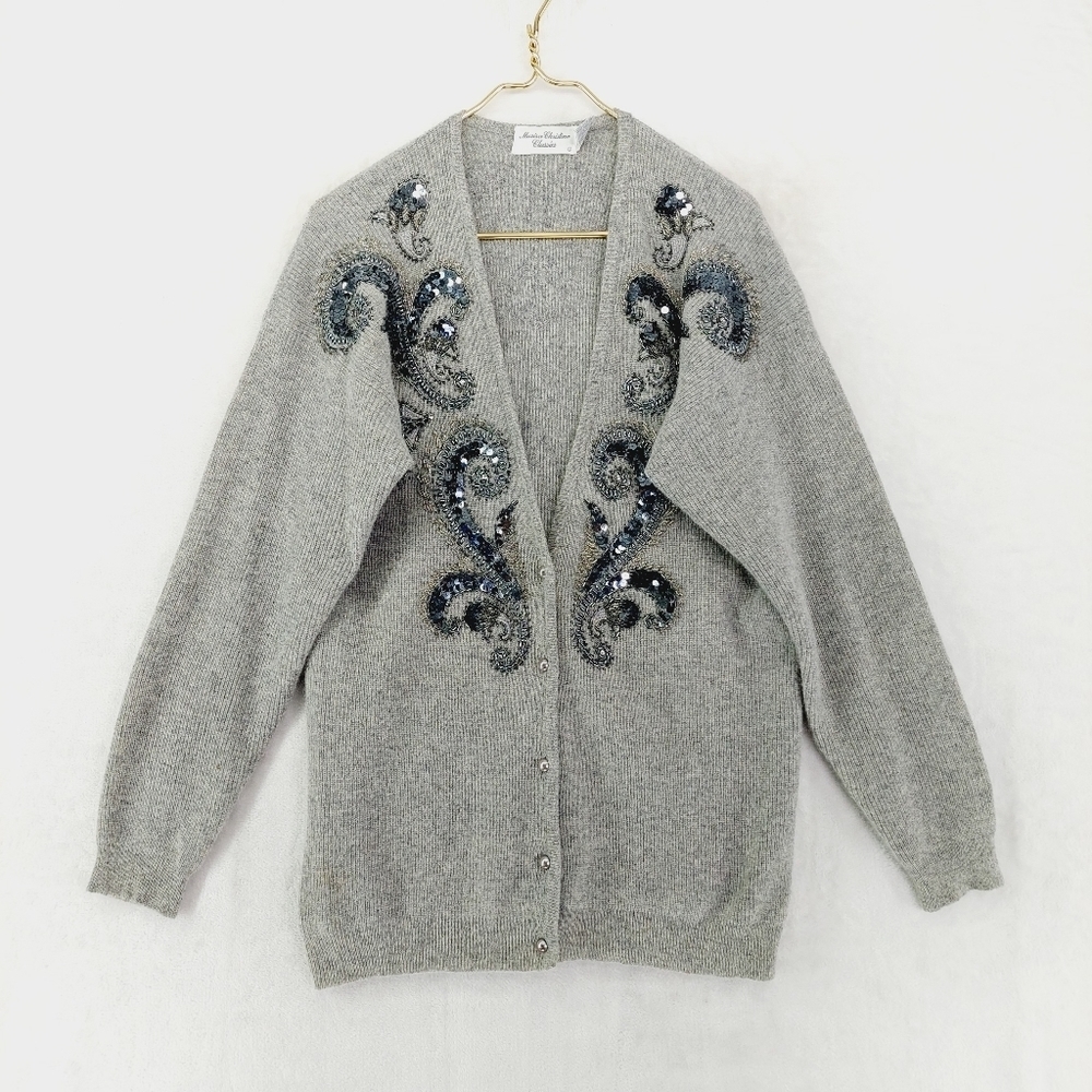 Marisa Christina Gray Wool Knit Sequin Long Sleeve Button Front Cardigan P3803